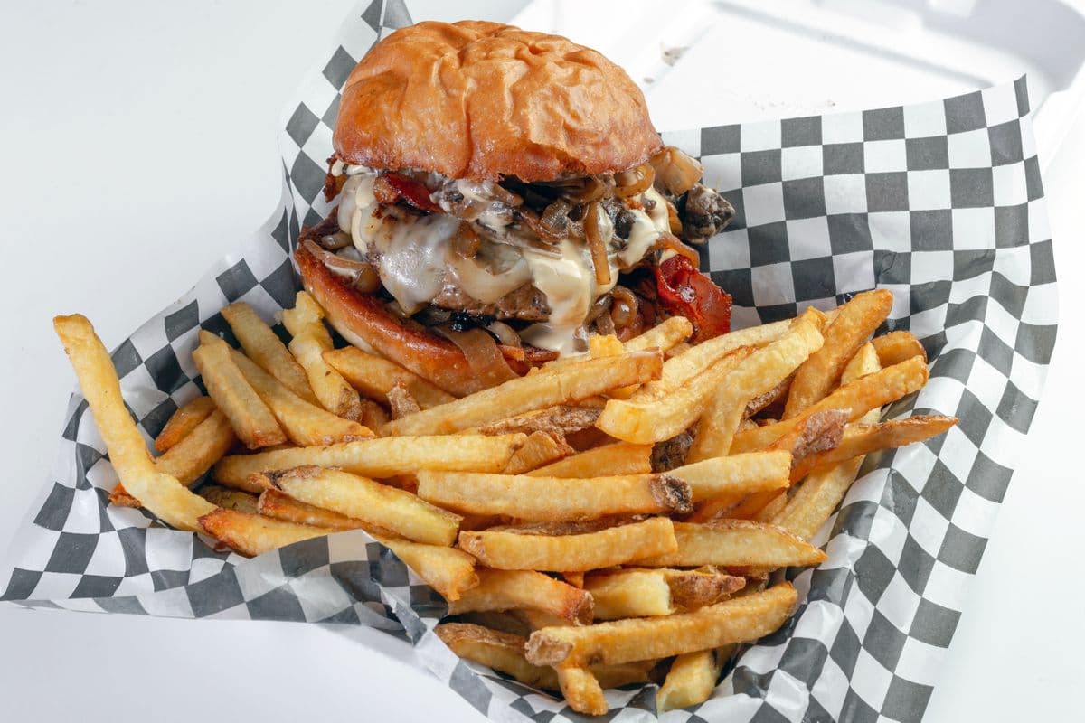 Mushroom and Onion Swiss Melt with Bacon Burger