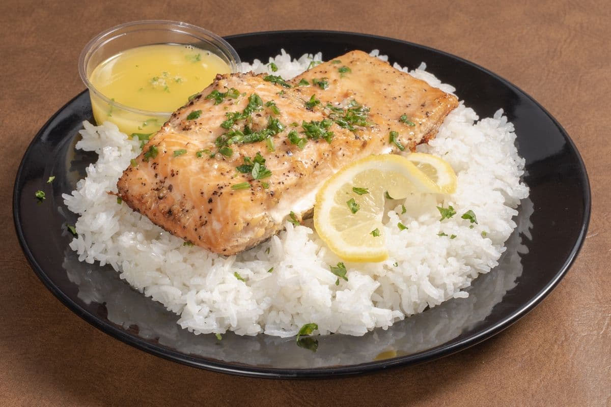Fresh Poached Salmon on Steamed Rice
