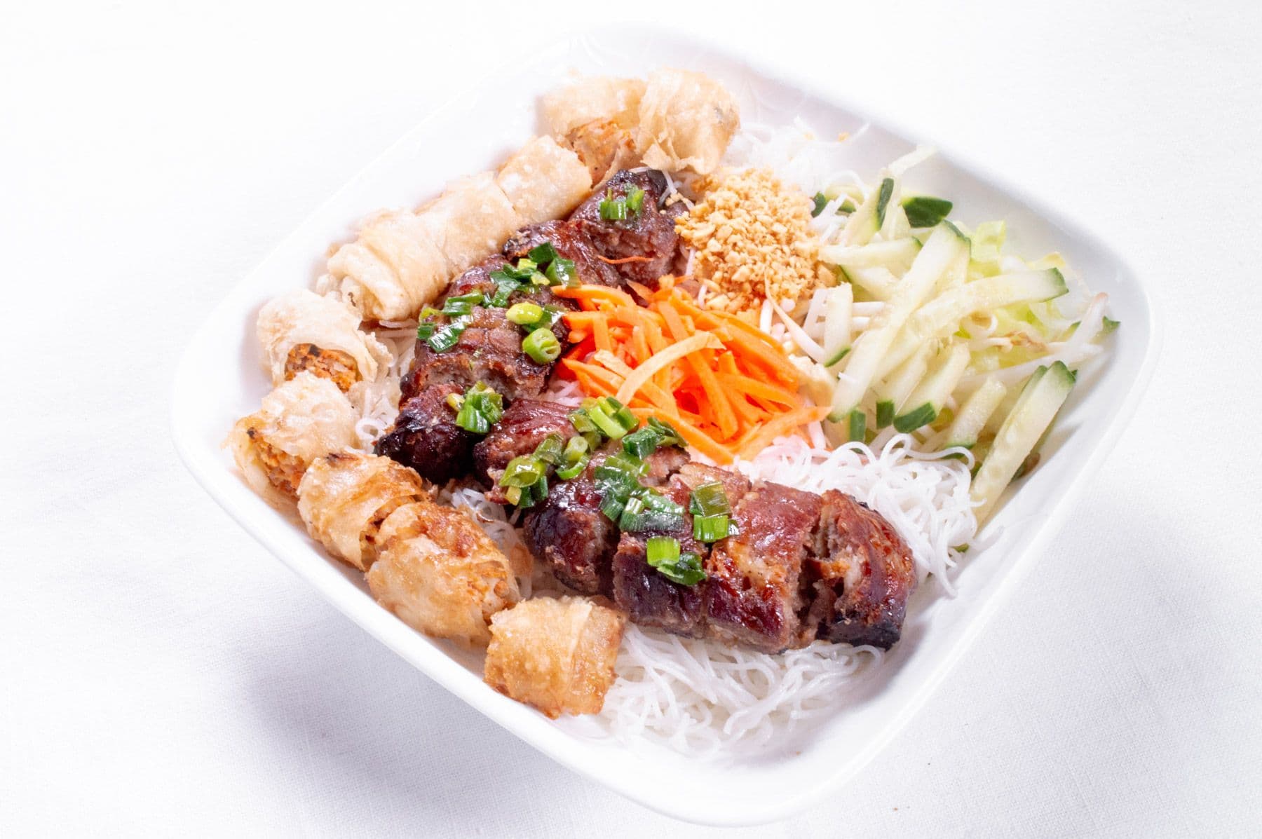 36. Rice Vermicelli with Spring Roll and Pork on Skewer